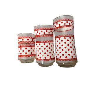 3 Libby Midcentury water drinking glass red polka dot white lace tumbler vintage